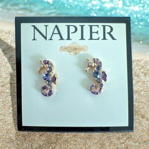 Napier 3/4" Gold Tone/Purple Seahorse Post Back Earrings-NWT